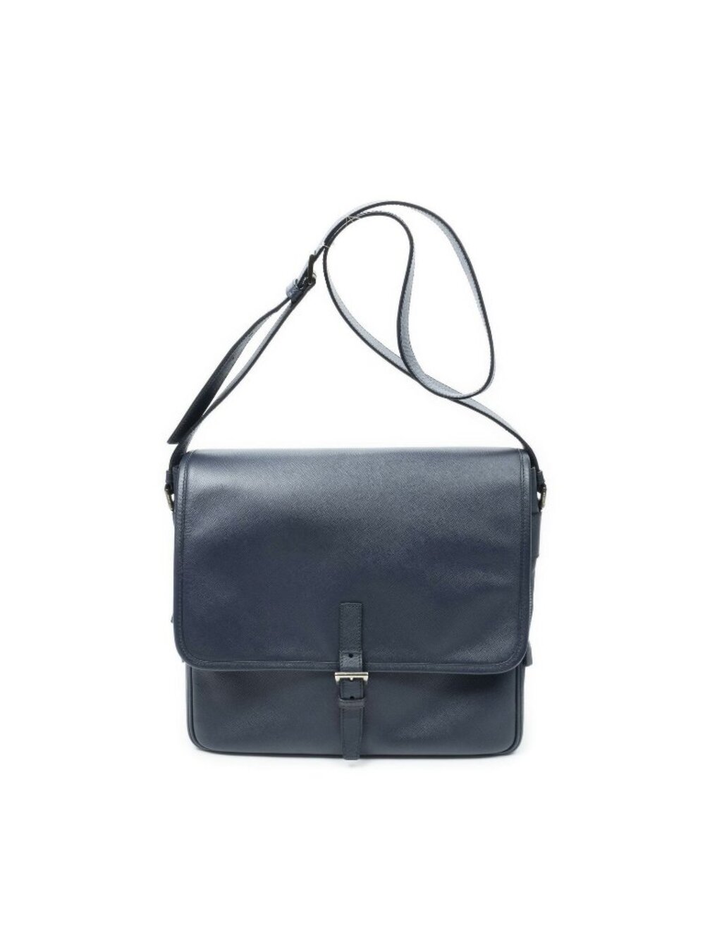 Prada Buckle Flap Messenger Bag Navy Saffiano Leather